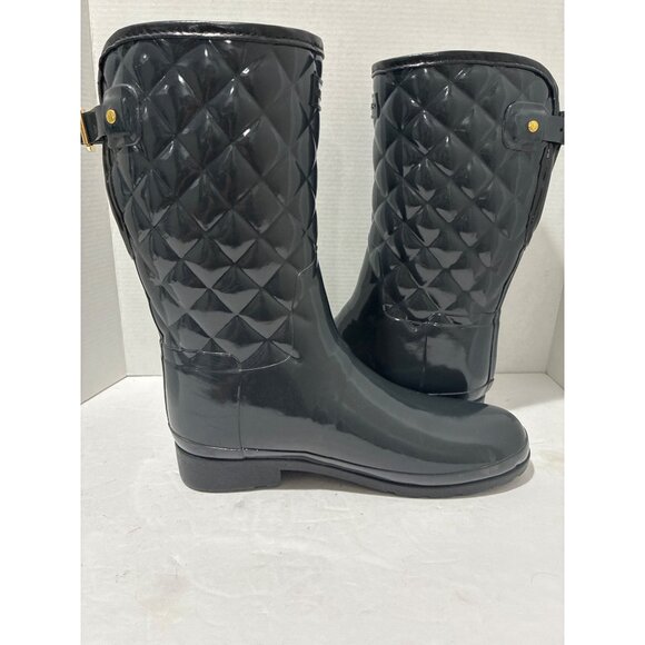 HUNTER WOMENS REFINED GLOSS QUILT SHORT MID CALF BLACK RAIN BOOTS SIZE 11 - Picture 4 of 8